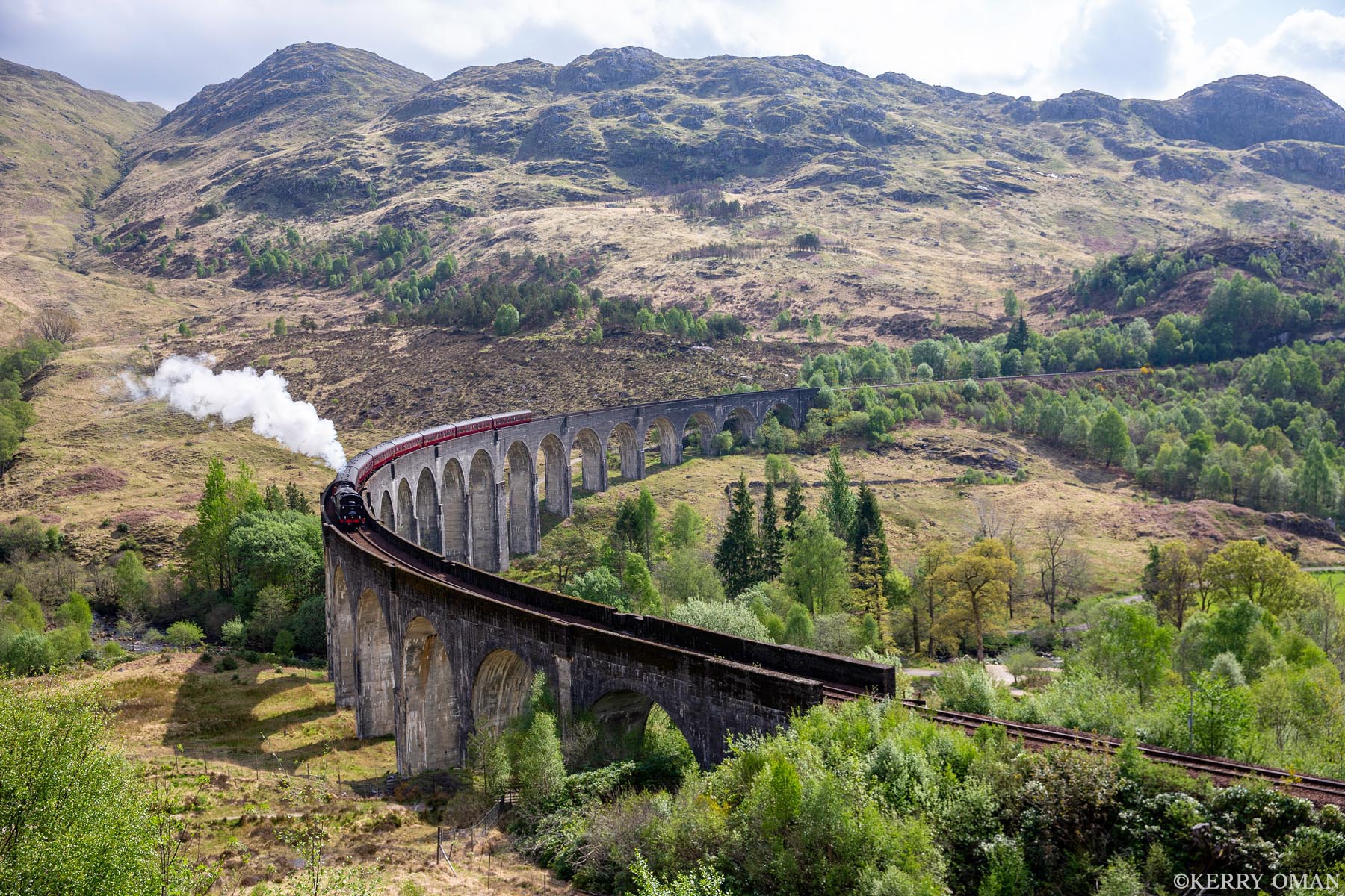 Highland Passage A steam train makes its way across the Glenfinnan Viaduct, a graceful sweep of stone arches nestled in the Scottish Highlands...